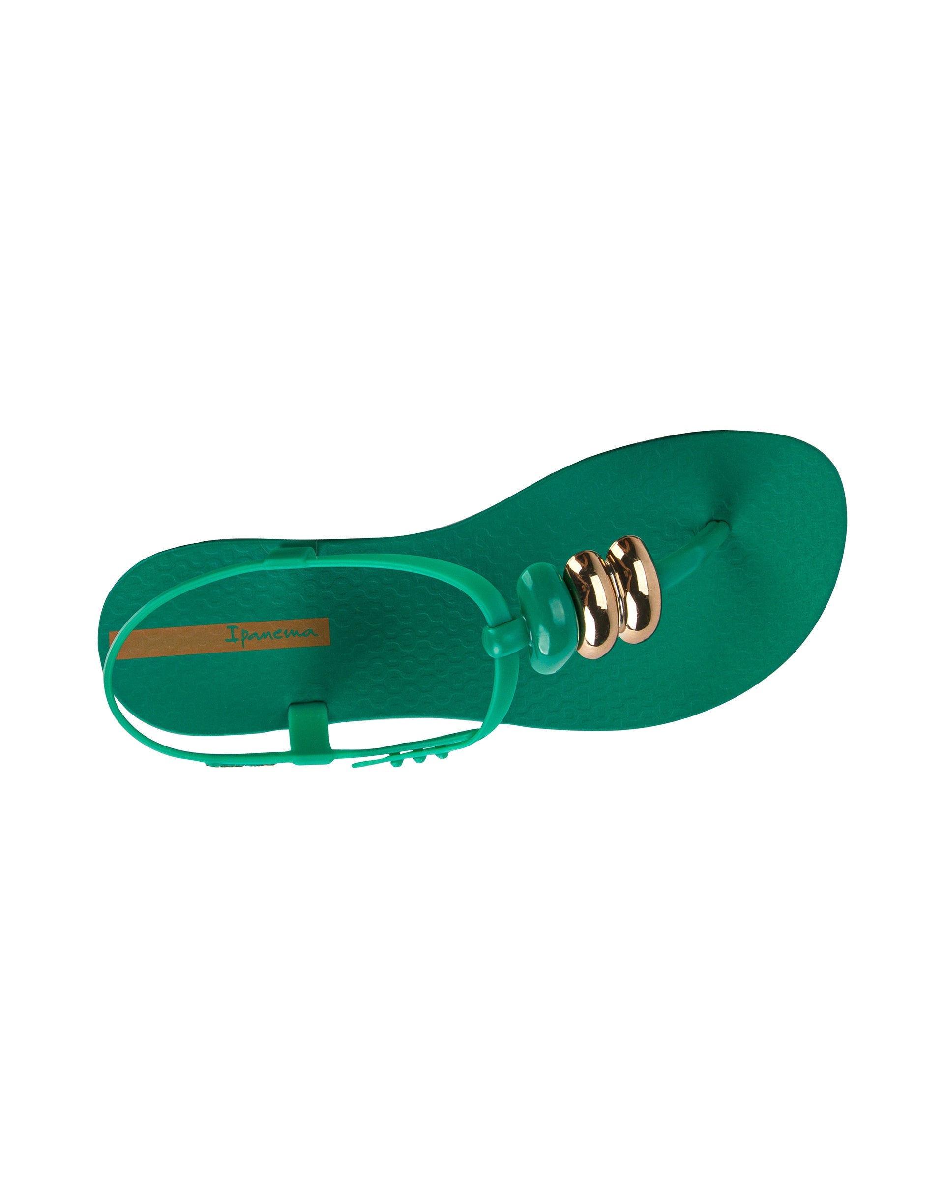 Top view of a green Ipanema Class women's sandal with 3 bubble baubles on the t-strap.