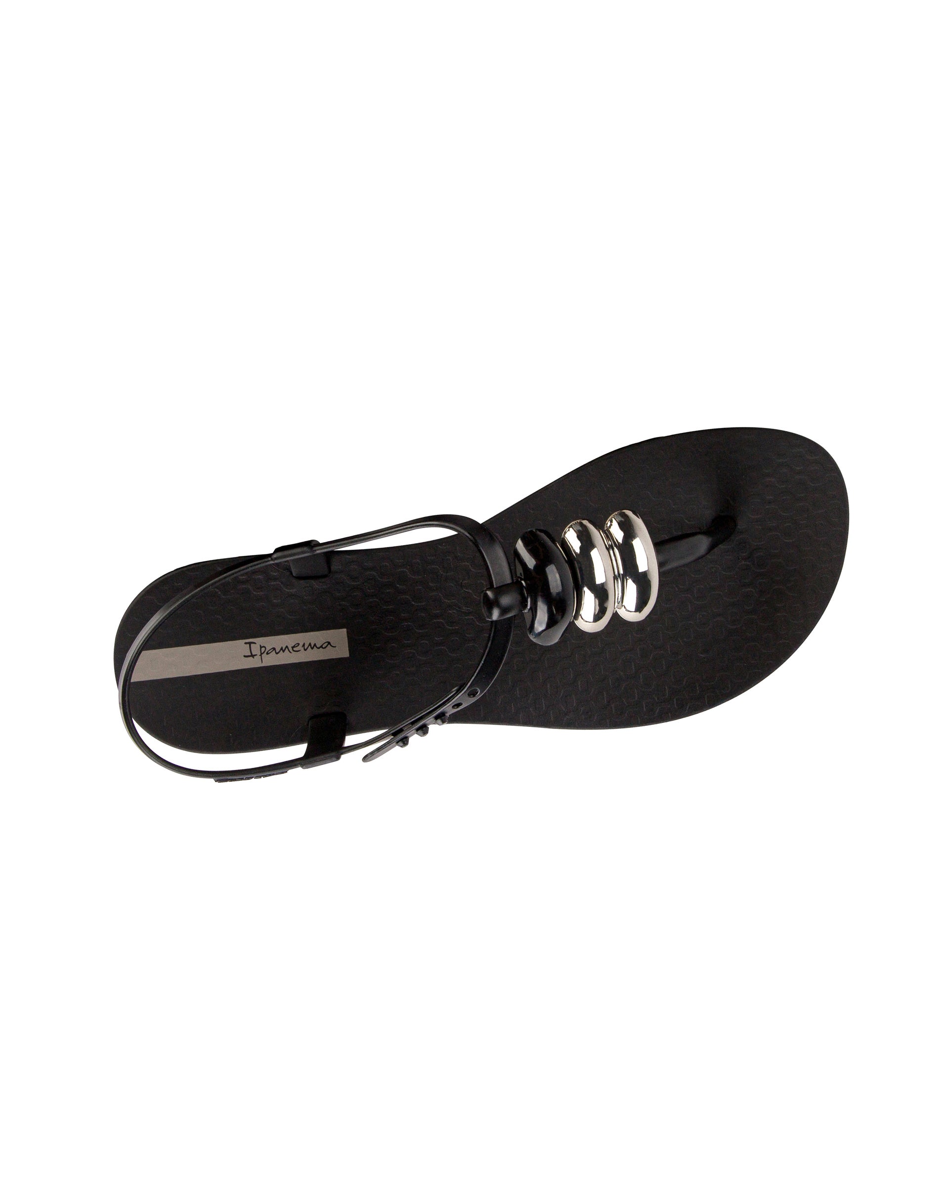 Top view of a black Ipanema Class women's sandal with 3 bubble baubles on the t-strap.