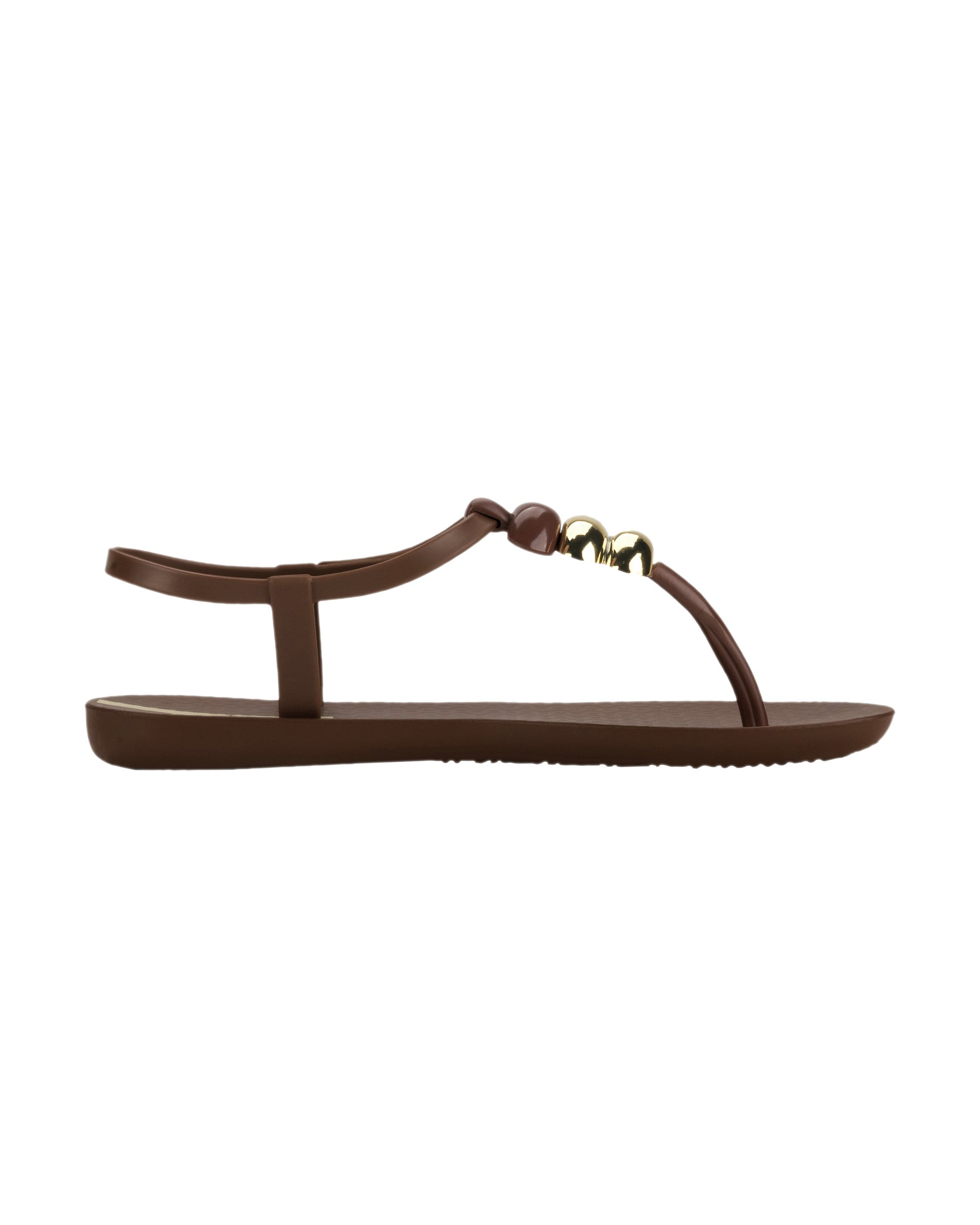 Outer side view of a brown Ipanema Class women's sandal with 3 bubble baubles on the t-strap.