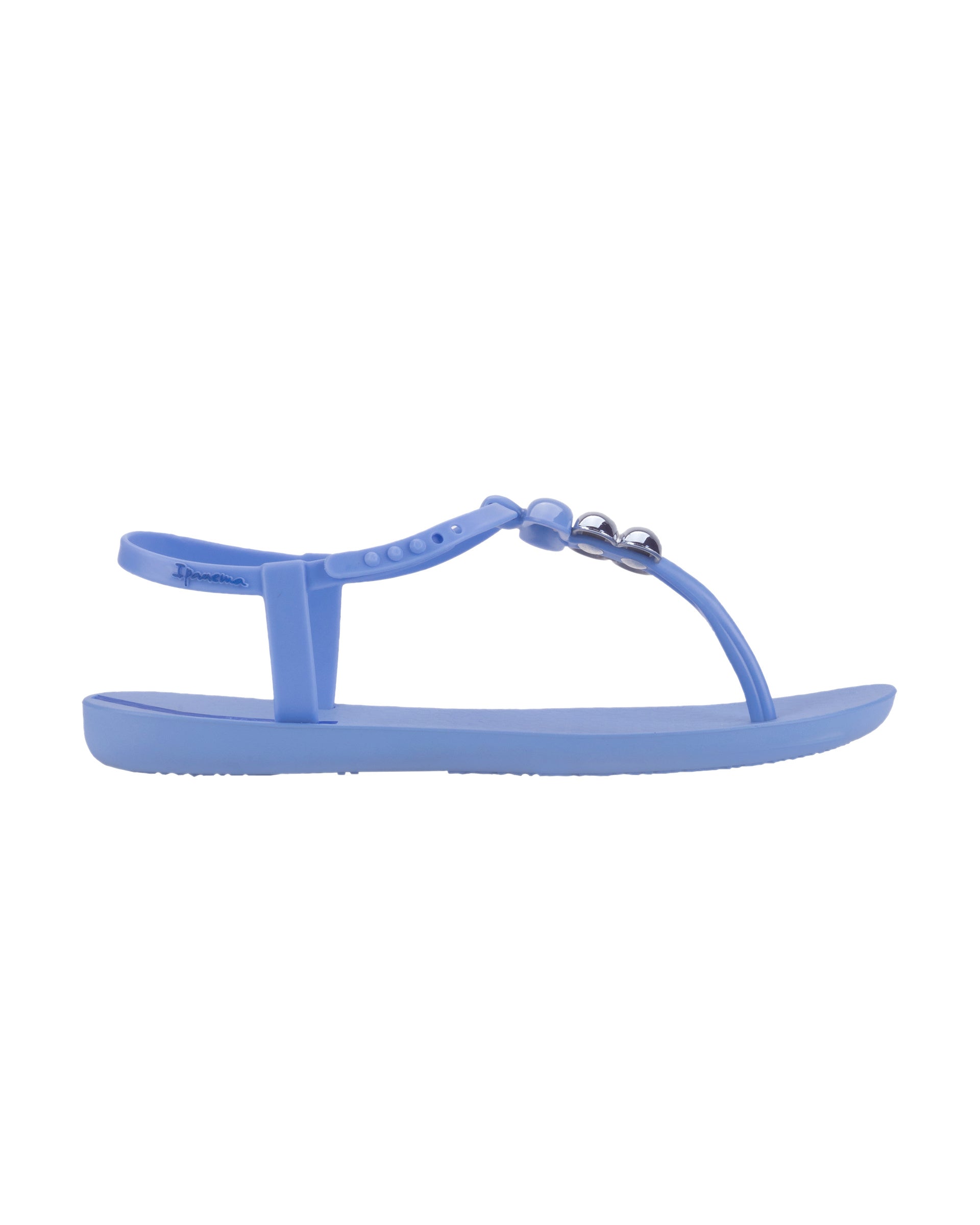 Outer side view of a blue Ipanema Class women's sandal with 3 bubble baubles on the t-strap.