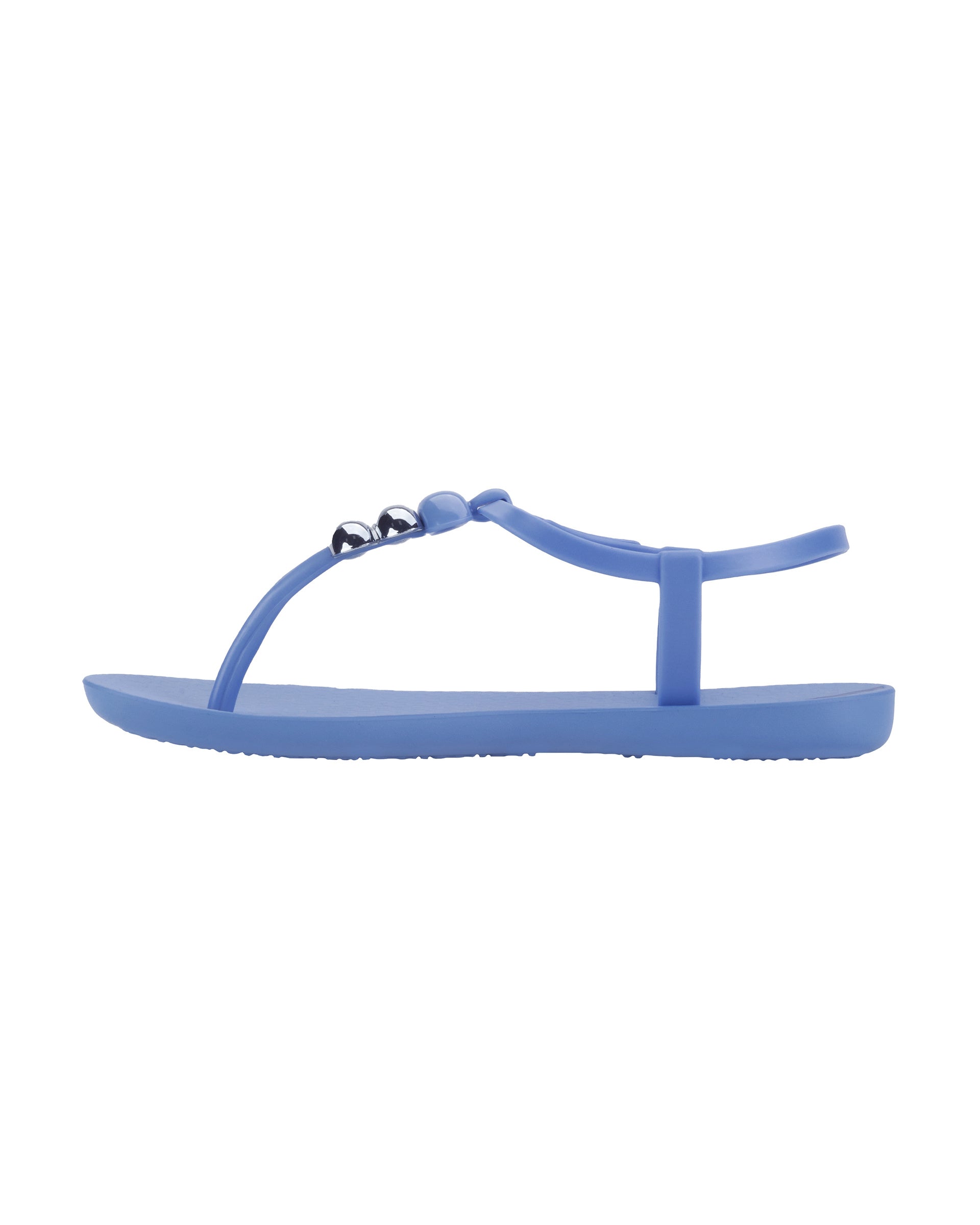Inner side view of a blue Ipanema Class women's sandal with 3 bubble baubles on the t-strap.