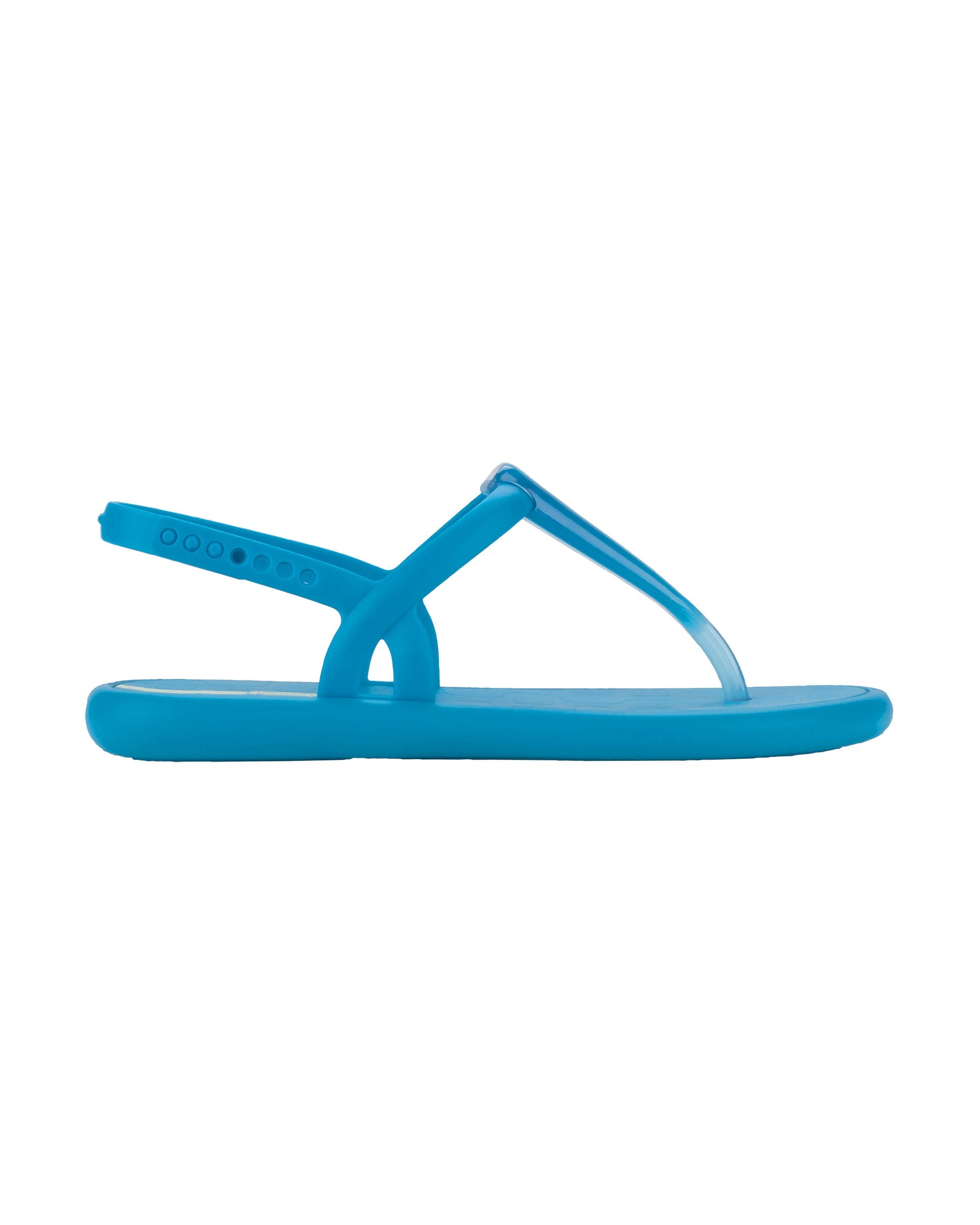 Outer side view of a blue Ipanema Glossy women's t-strap sandal.