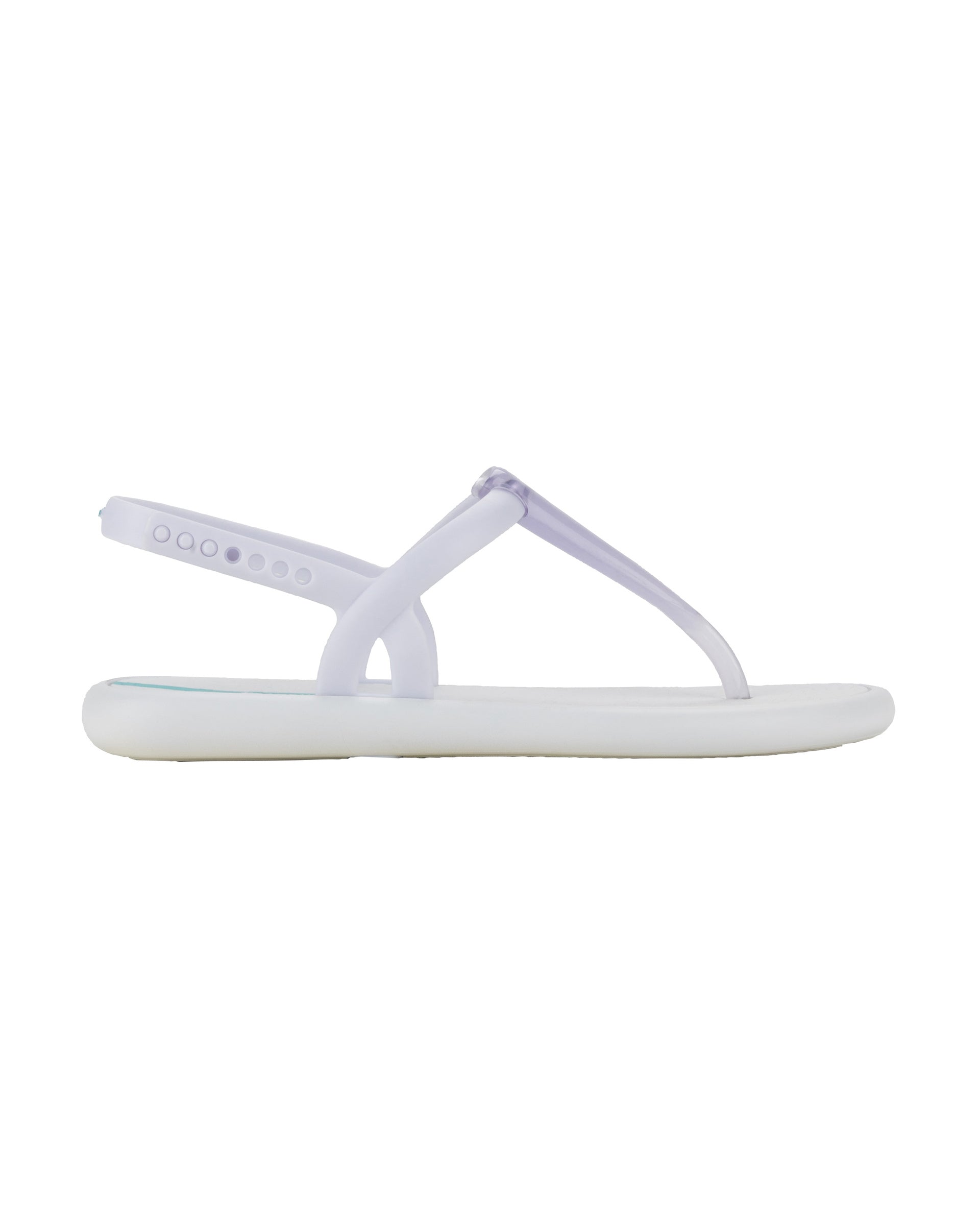 Outer side view of a white Ipanema Glossy women's t-strap sandal.