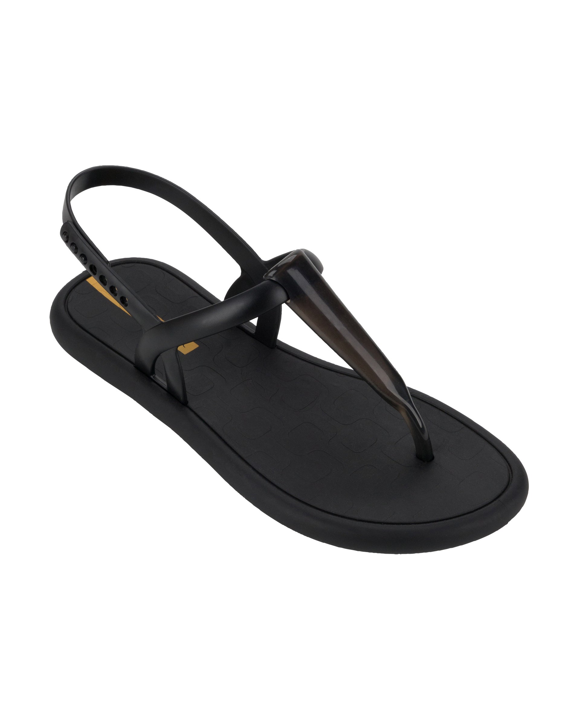Angled view of a black Ipanema Glossy women's t-strap sandal.