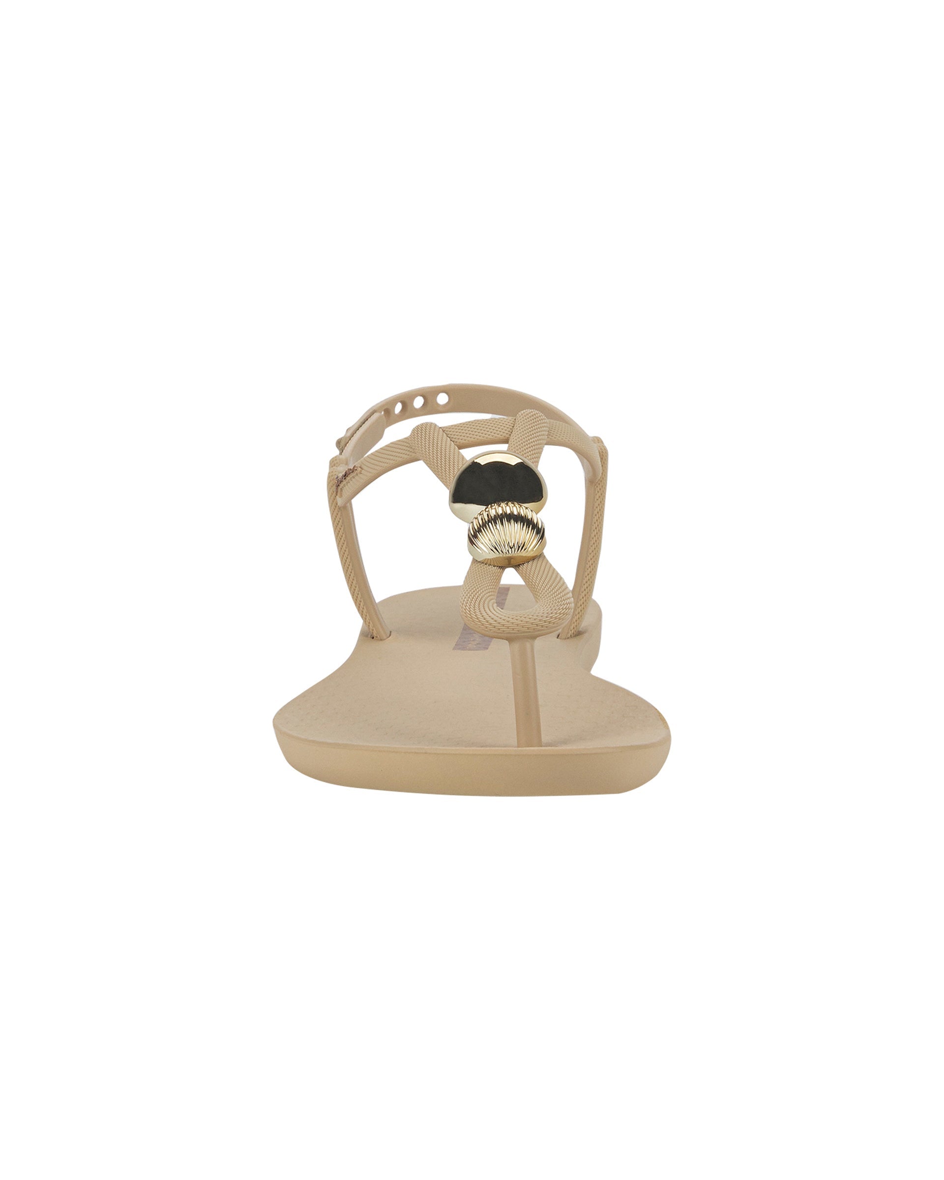 Front view of a beige Ipanema Class Spheres women's t-strap sandal with metallic bauble.