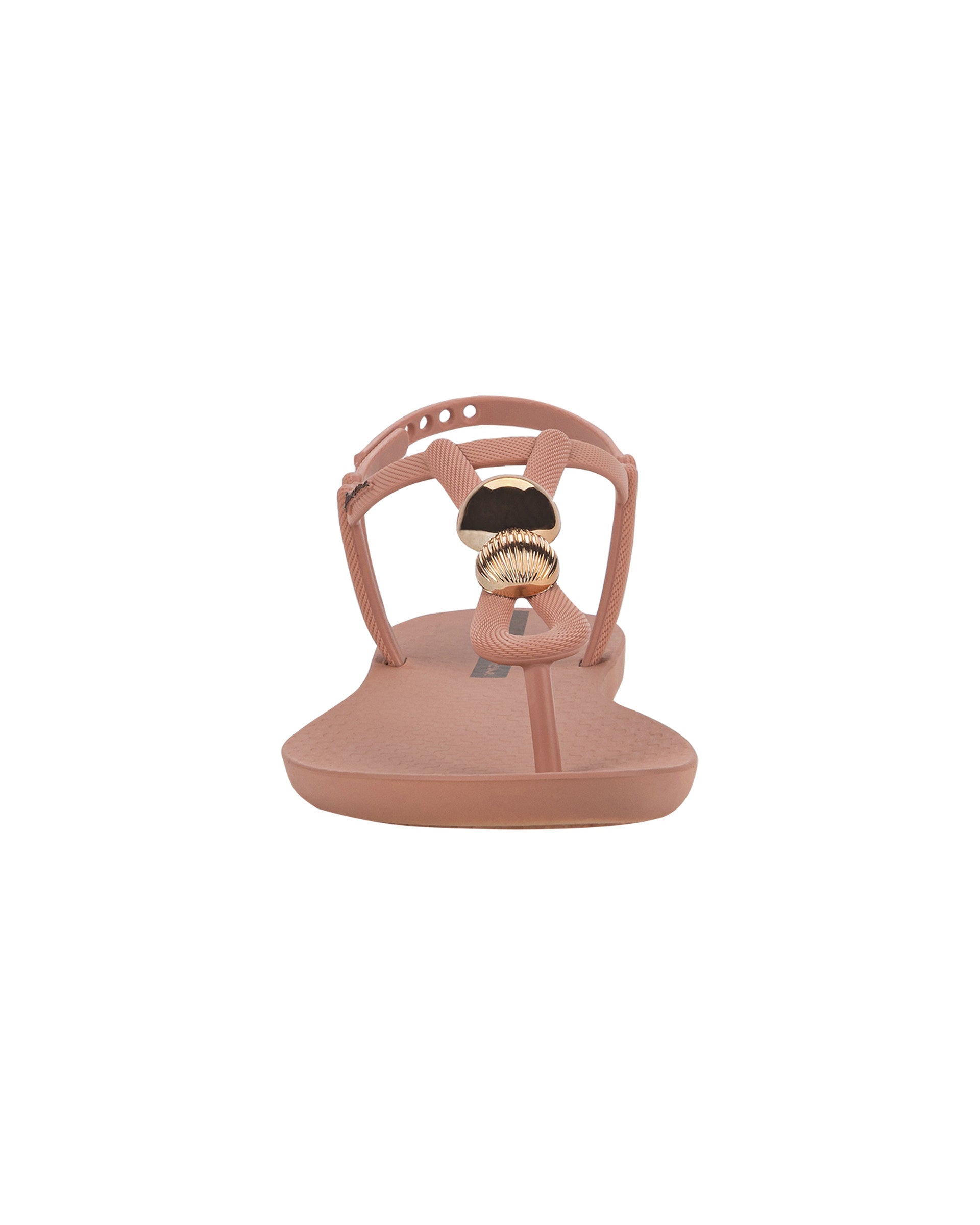 Front view of a light pink Ipanema Class Spheres women's t-strap sandal with metallic bauble.