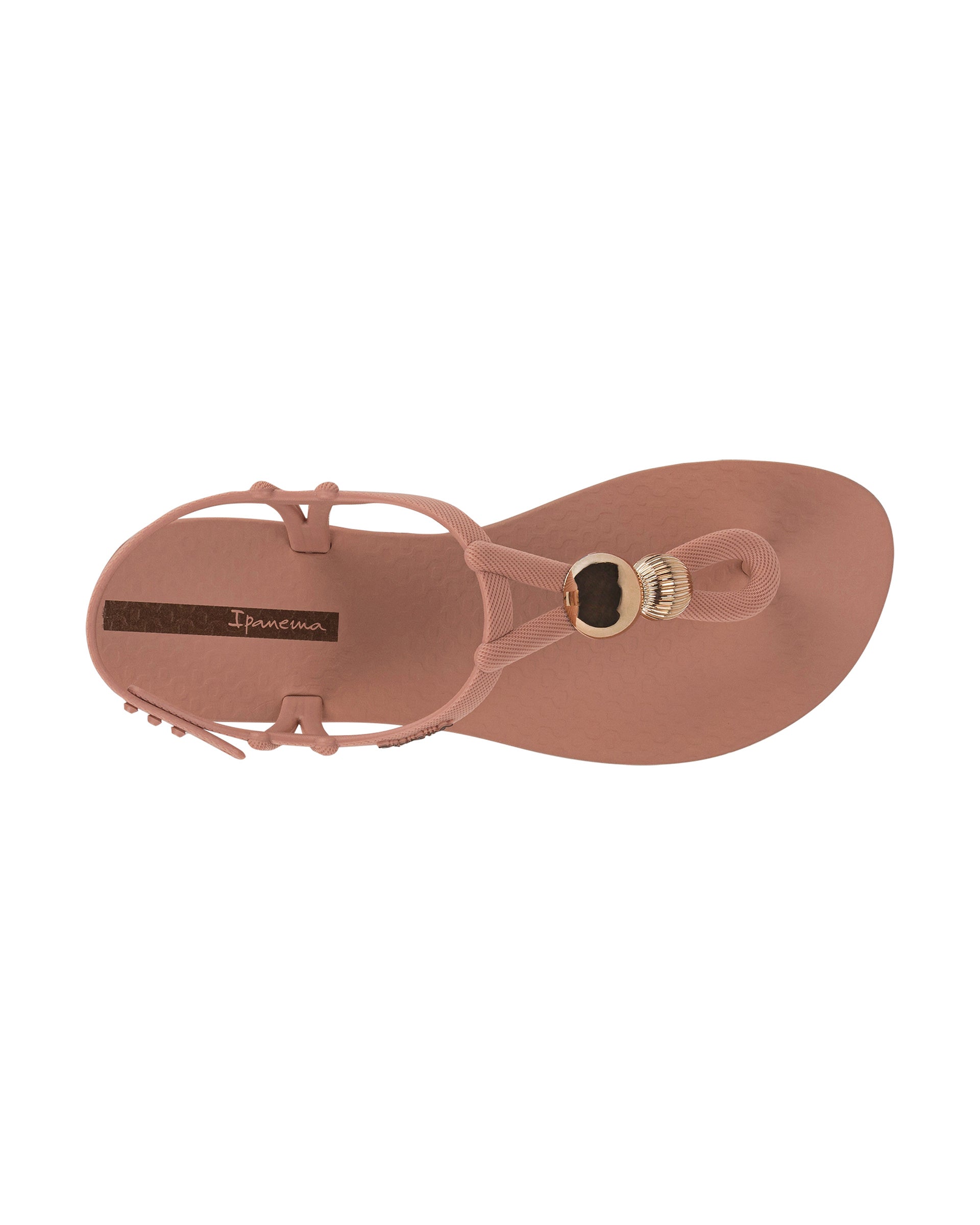 Top view of a light pink Ipanema Class Spheres women's t-strap sandal with metallic bauble.
