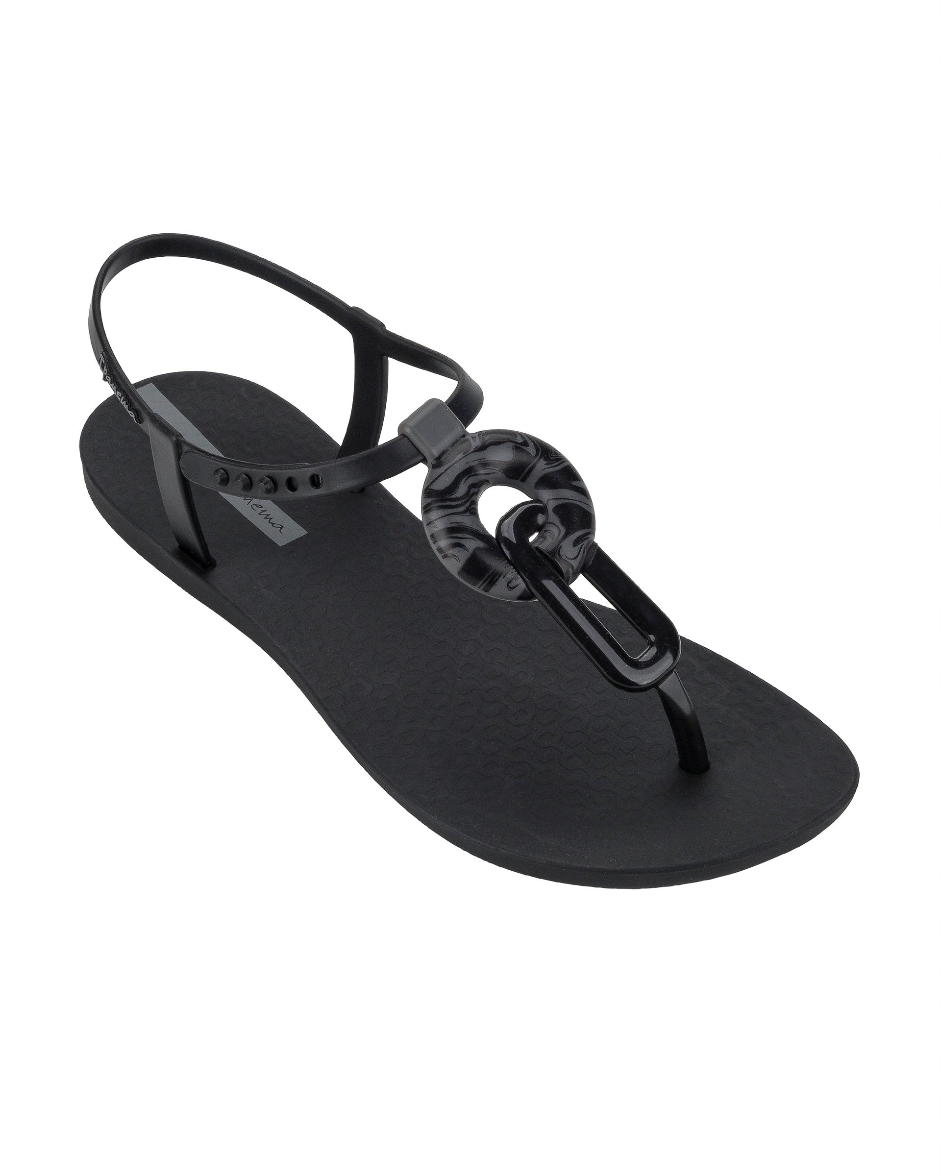Angled view of a black Ipanema Class Marble women's t-strap sandal.