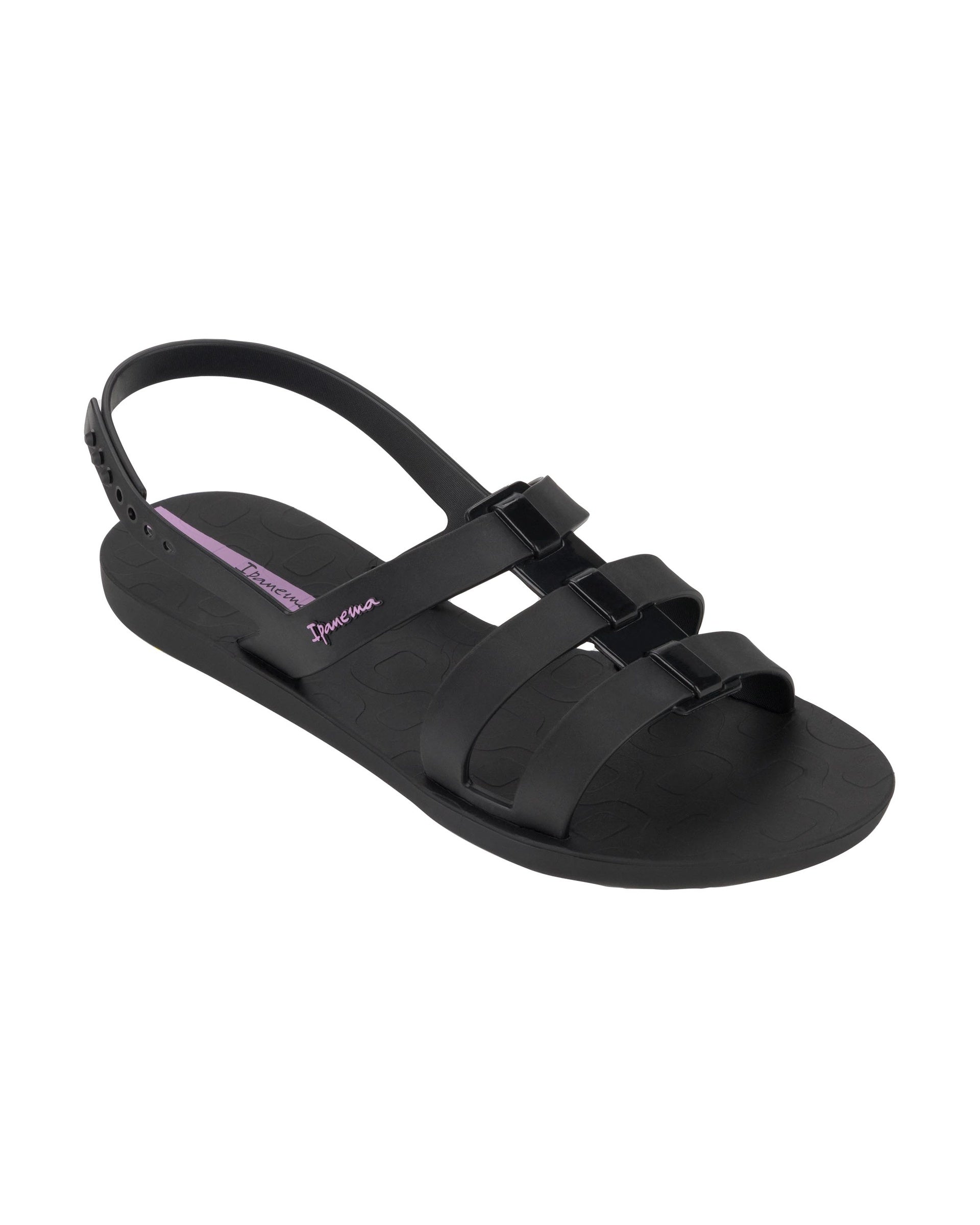 Angled view of a black Ipanema Style women's sandal.