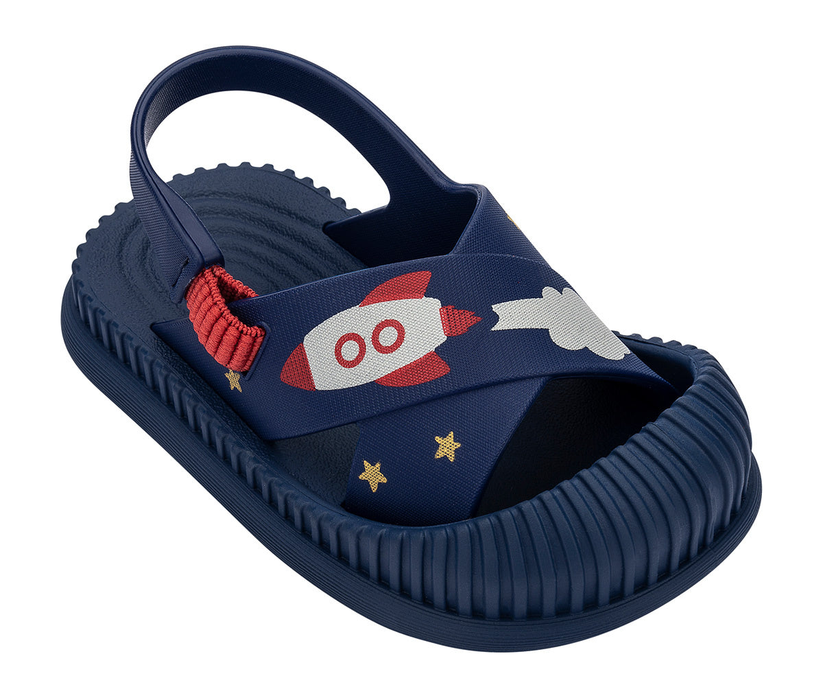 Angled view of a blue Ipanema Cute baby sandal with rocket ship on the strap.