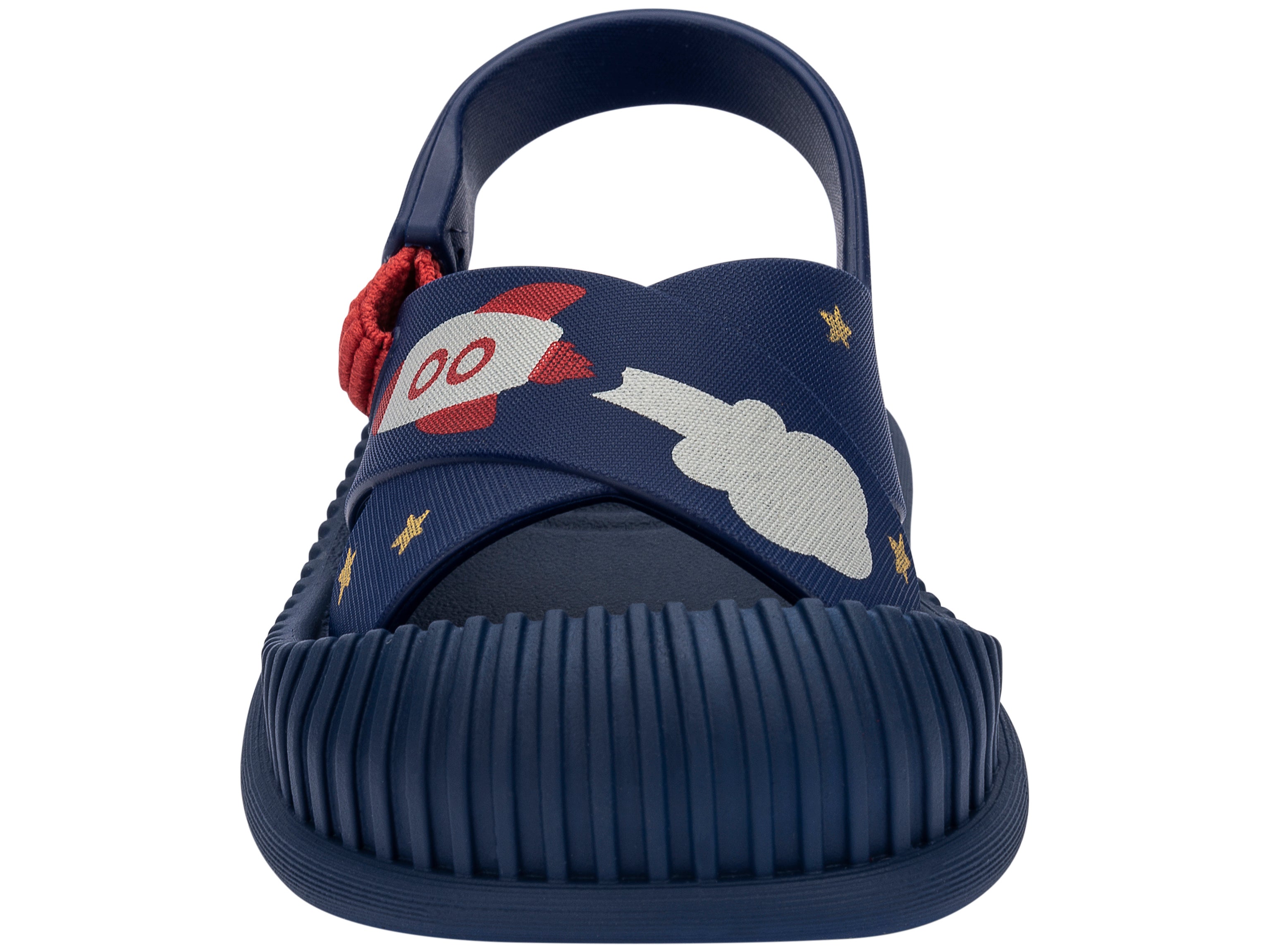 Front view of a blue Ipanema Cute baby sandal with rocket ship on the strap.