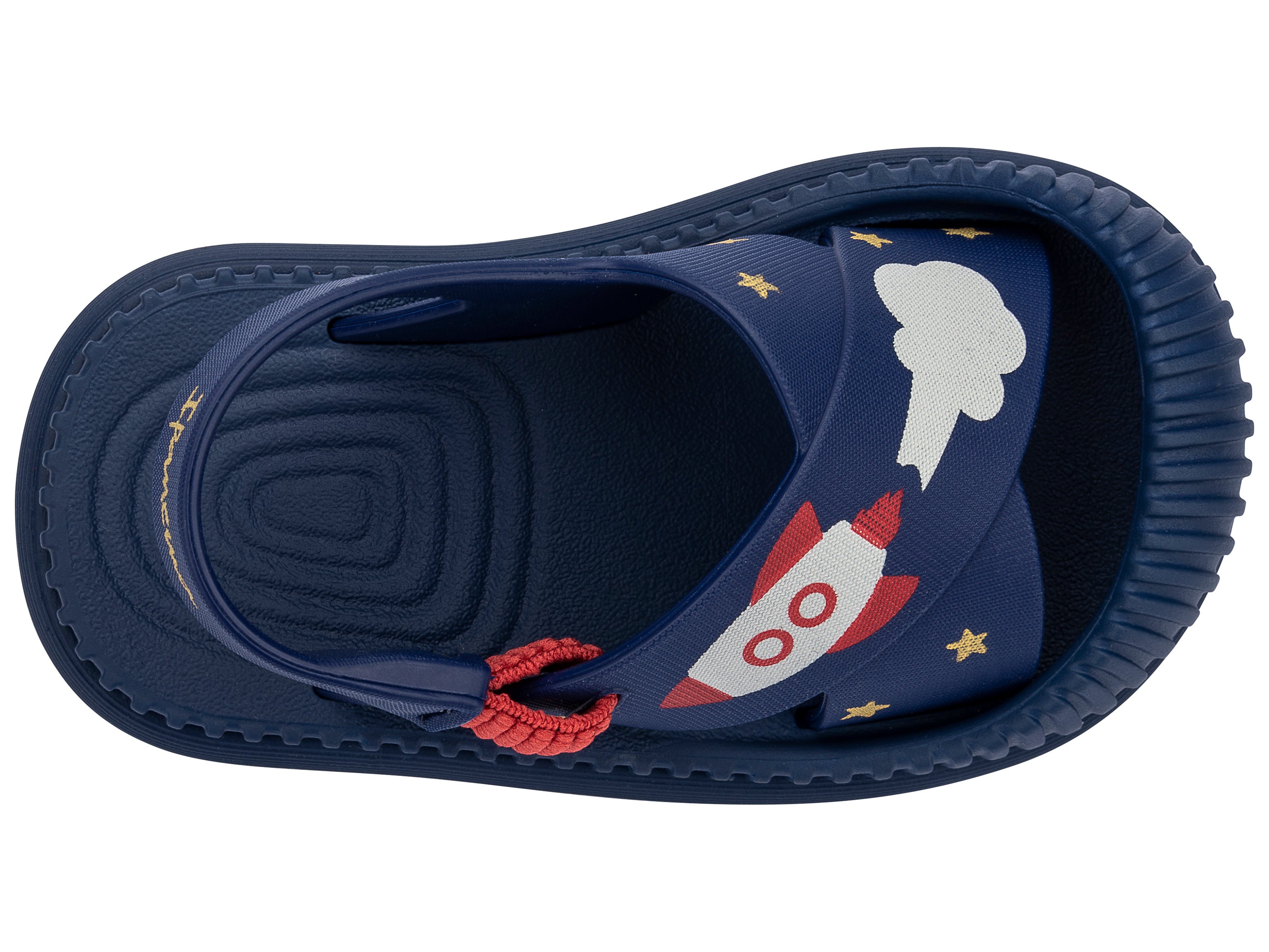 Top view of a blue Ipanema Cute baby sandal with rocket ship on the strap.