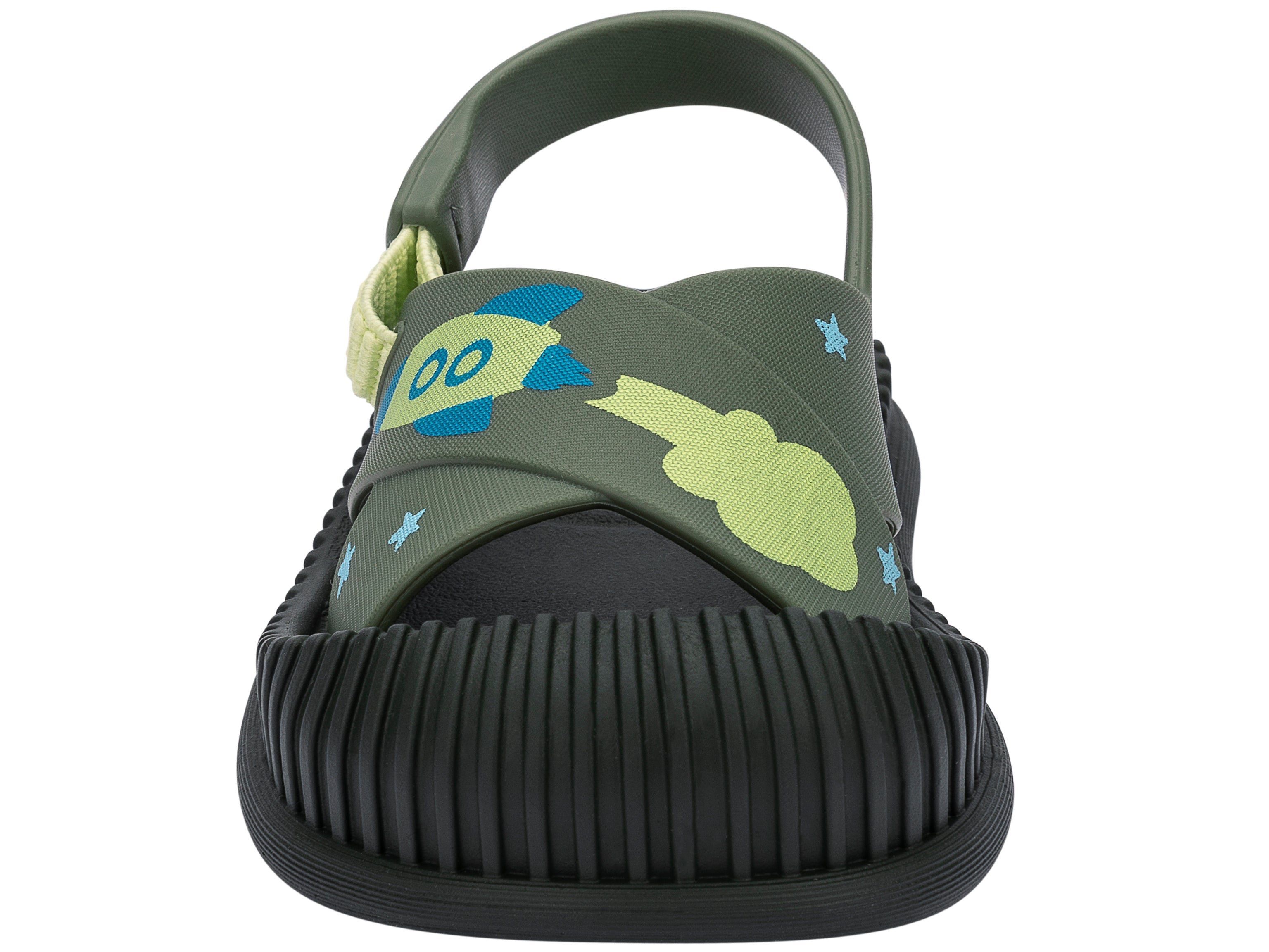 Front view of a green Ipanema Cute baby sandal with rocket ship on the strap.