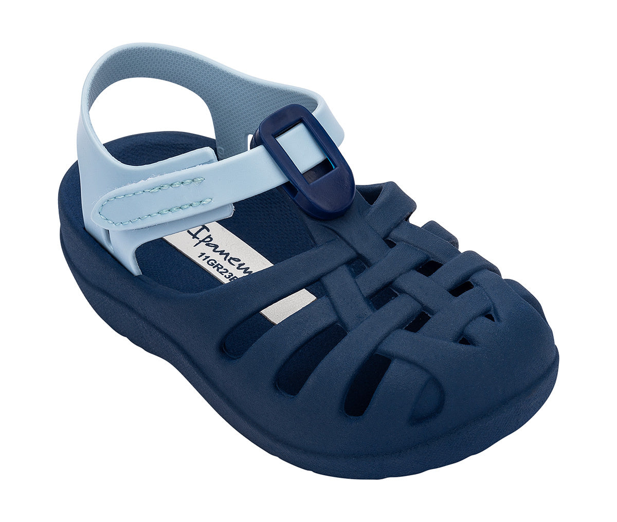 Angled view of a blue Ipanema Summer Basic baby sandal.