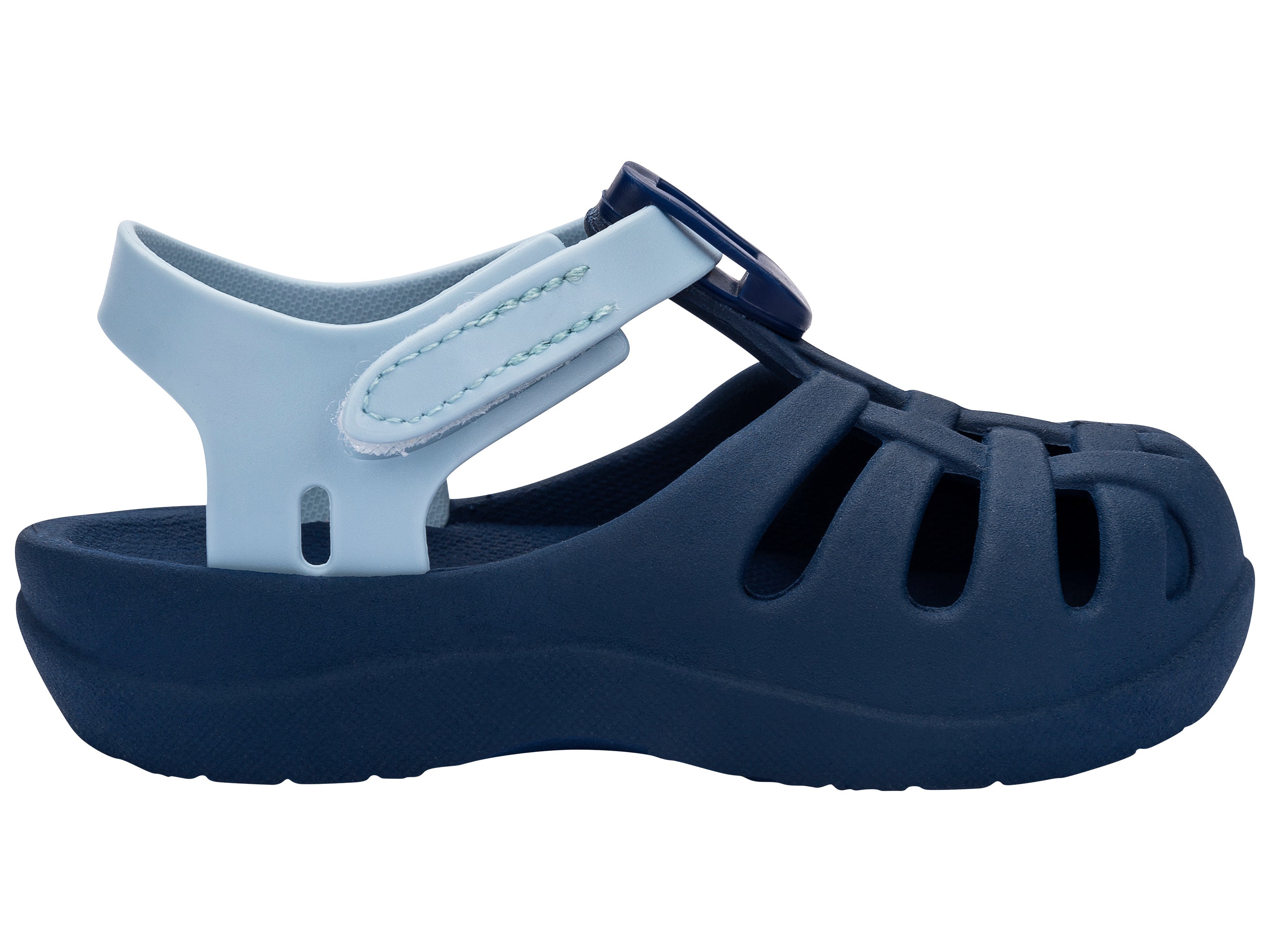 Outer side view of a blue Ipanema Summer Basic baby sandal.