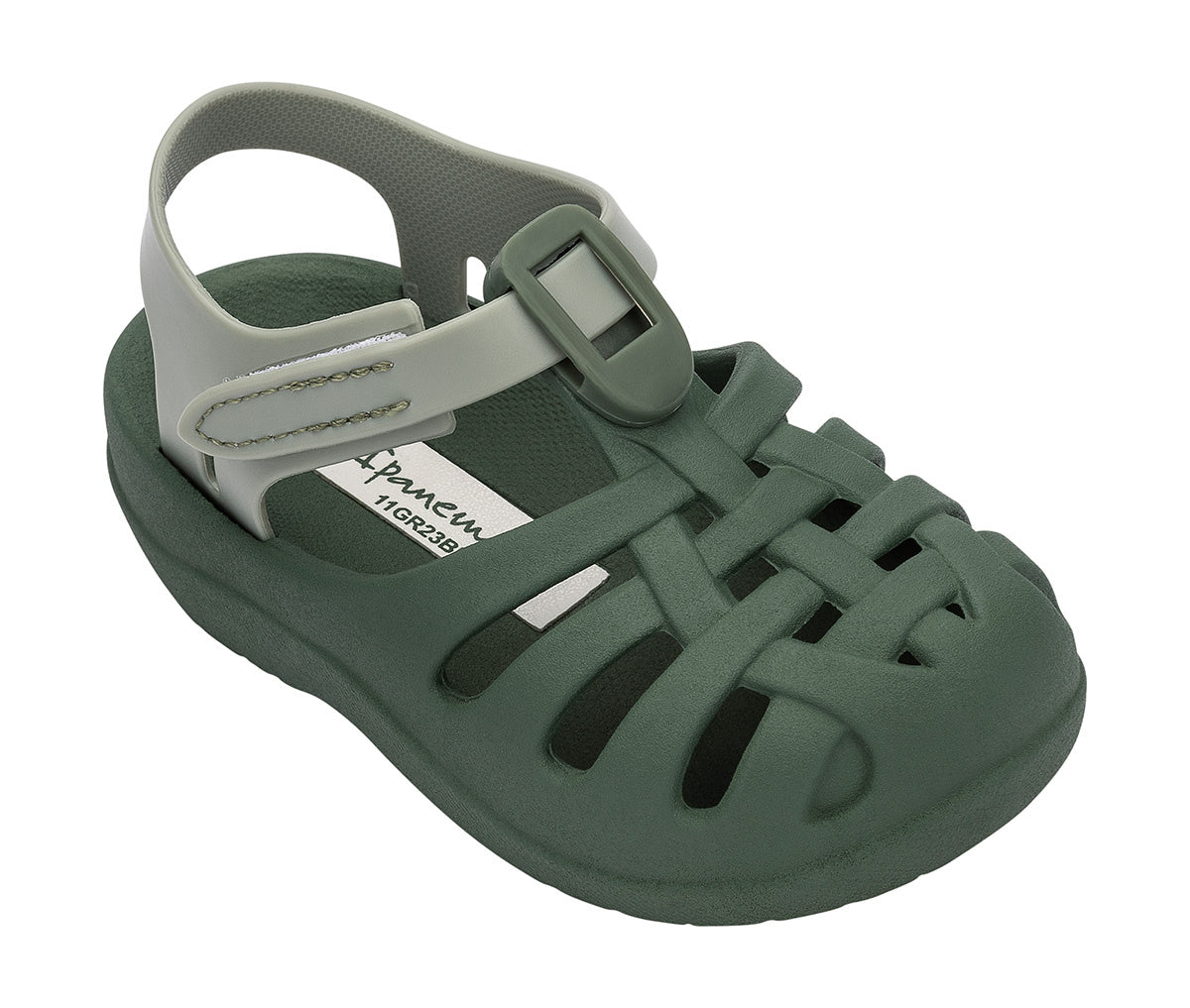 Angled view of a green Ipanema Summer Basic baby sandal.