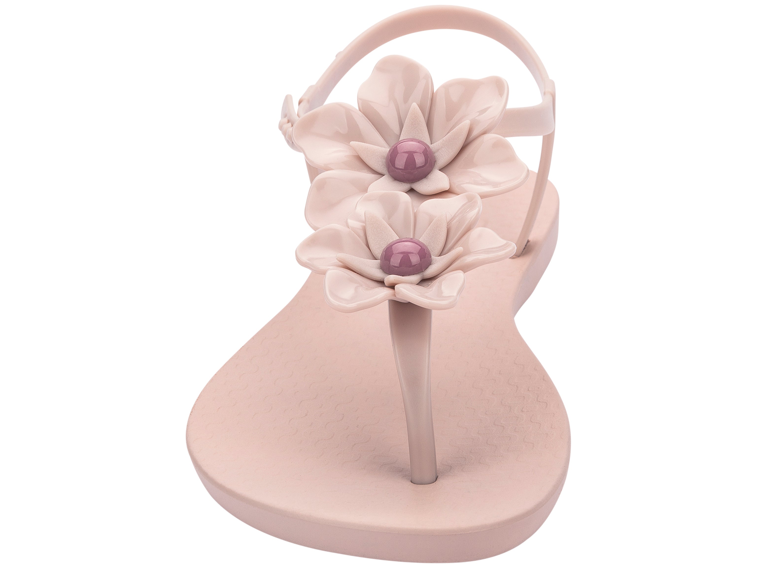 Front view of a pink Ipanema Duo Flowers women's t-strap sandal with two flowers.