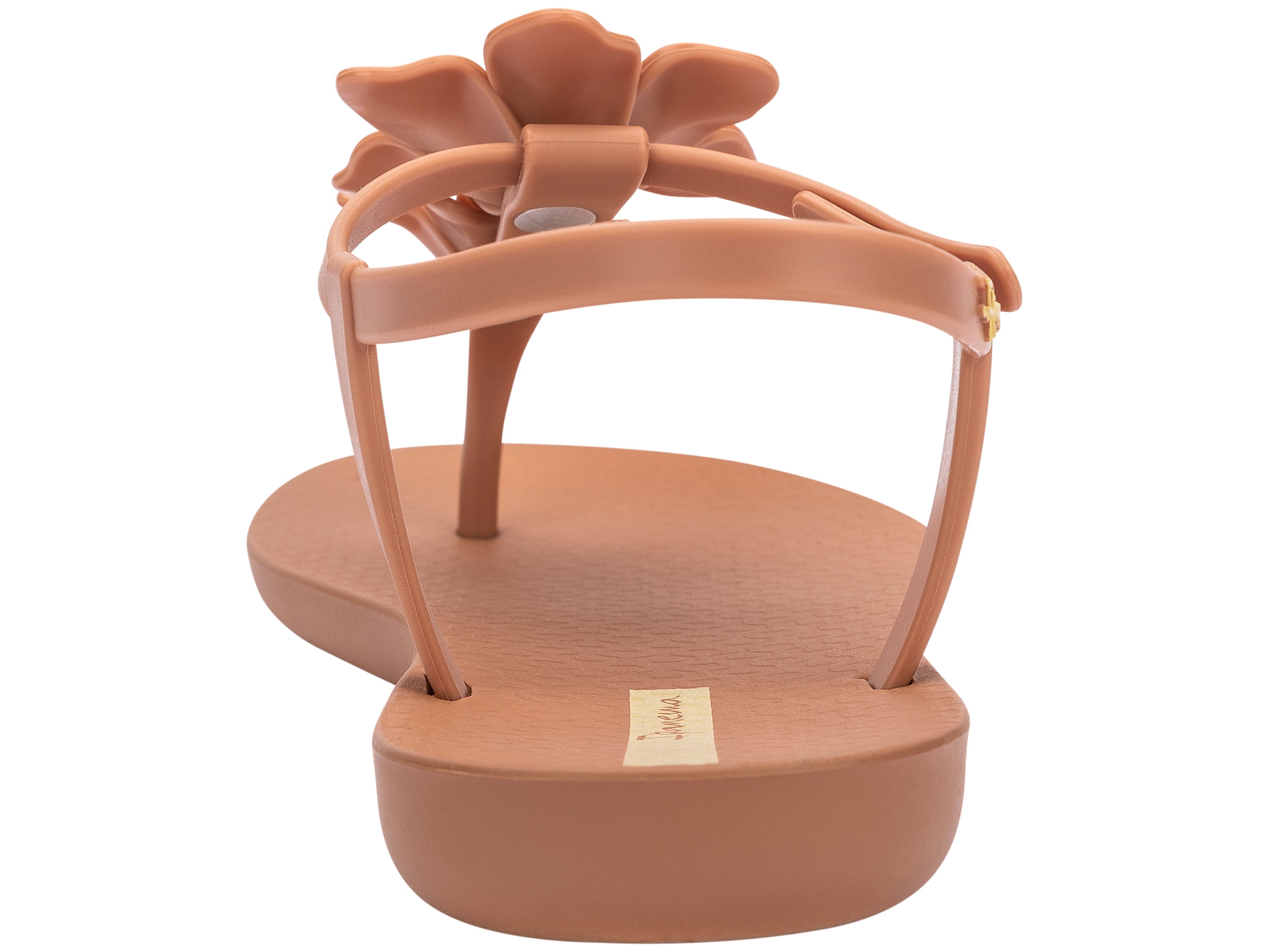 Back view of a brown Ipanema Duo Flowers women's t-strap sandal with two flowers.