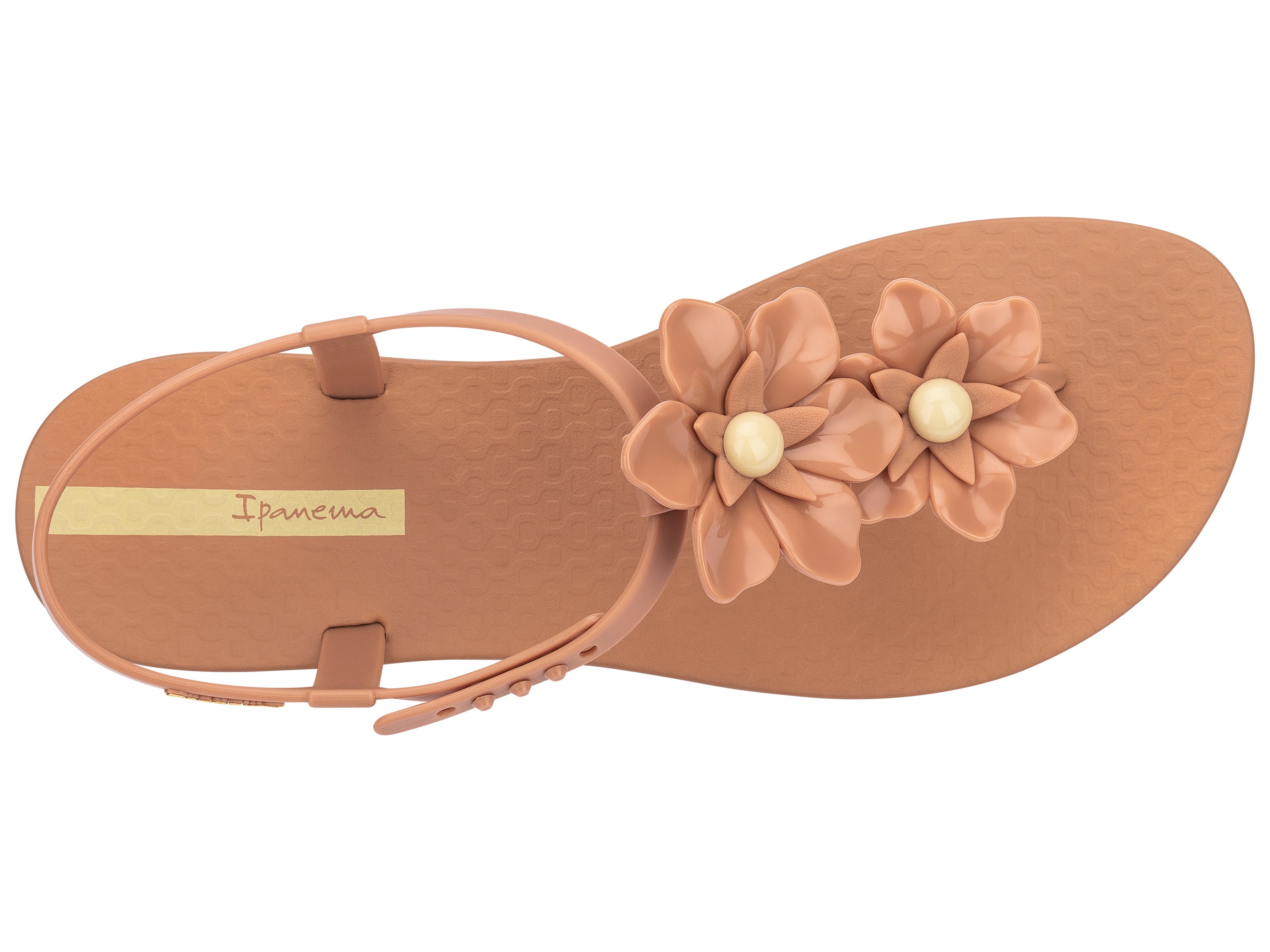 Top view of a brown Ipanema Duo Flowers women's t-strap sandal with two flowers.