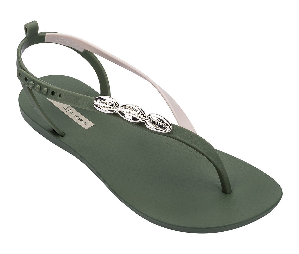 Angled view of a green Ipanema Salty women's sandal with 3 silver shells on the strap.