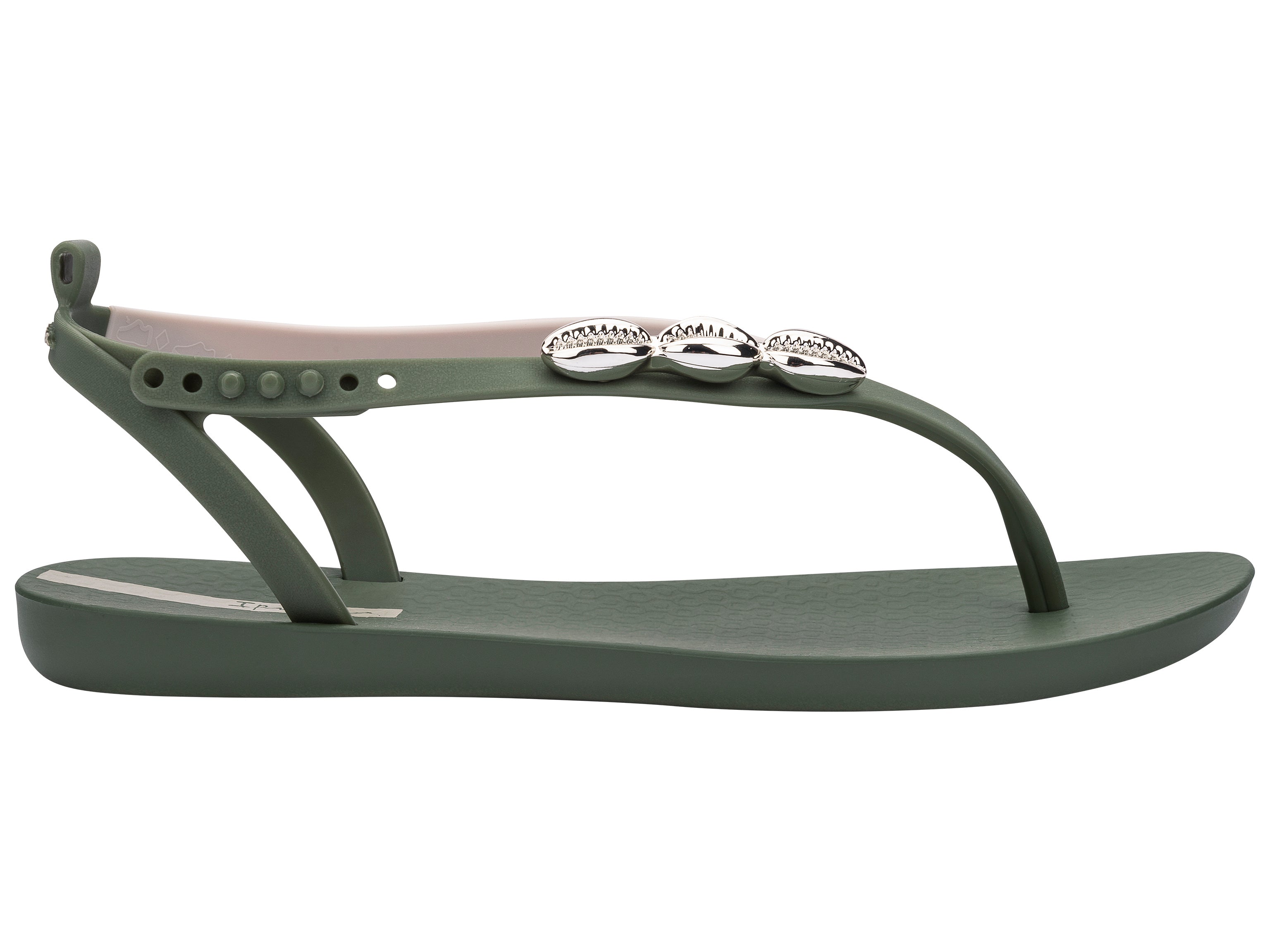 Outer side view of a green Ipanema Salty women's sandal with 3 silver shells on the strap.