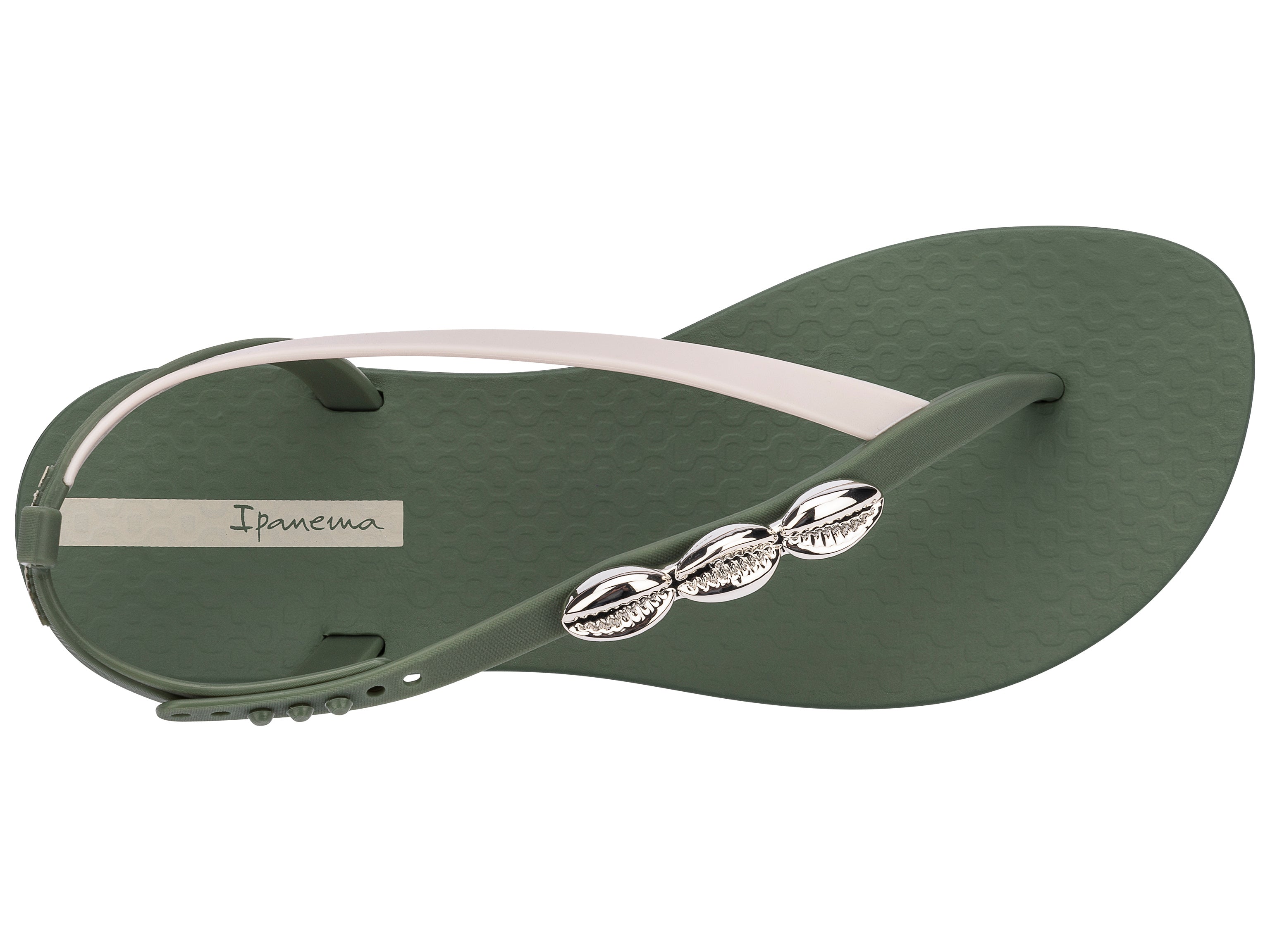 Top view of a green Ipanema Salty women's sandal with 3 silver shells on the strap.