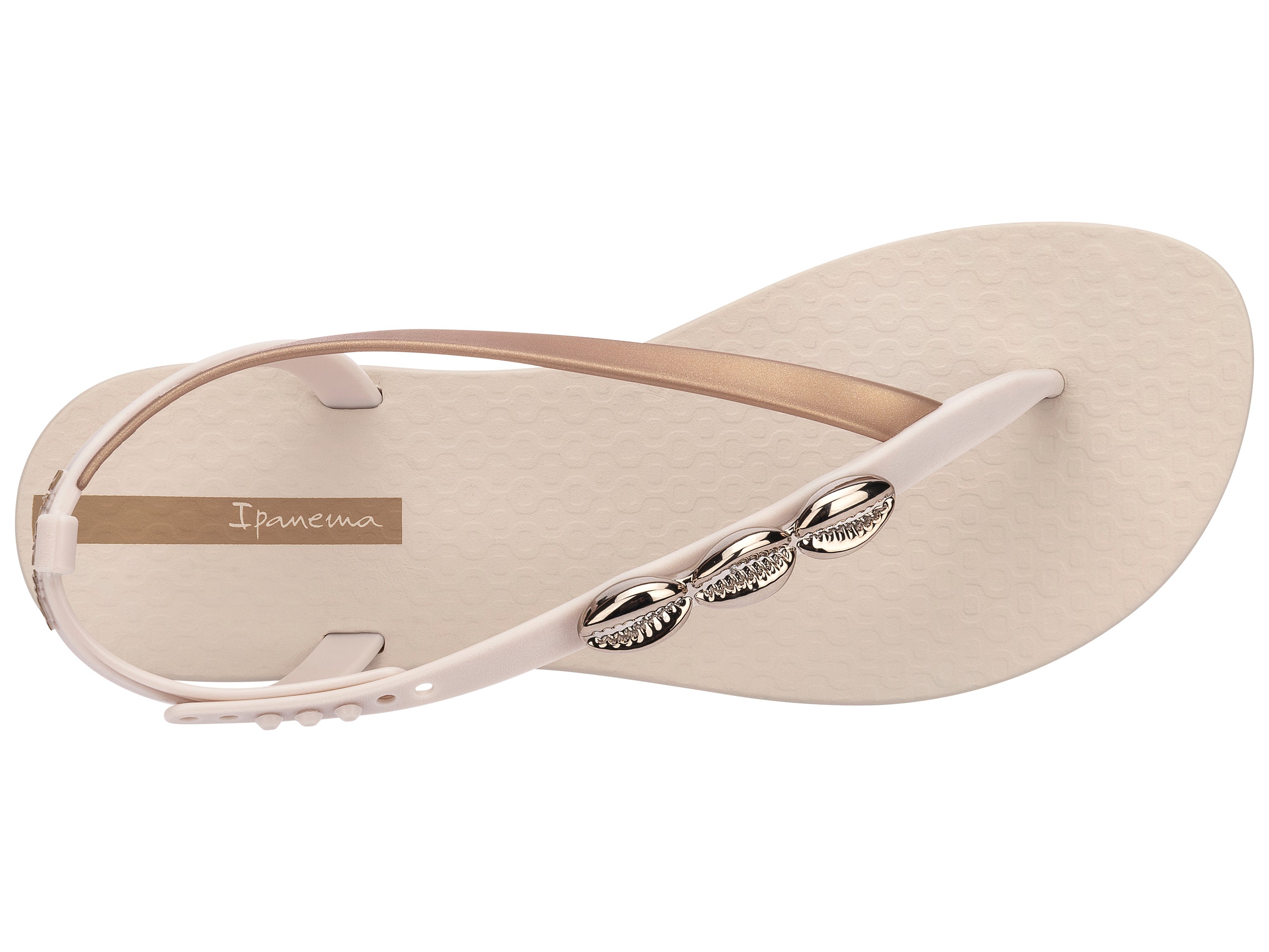 Top view of a beige Ipanema Salty women's sandal with 3 gold shells on the strap.